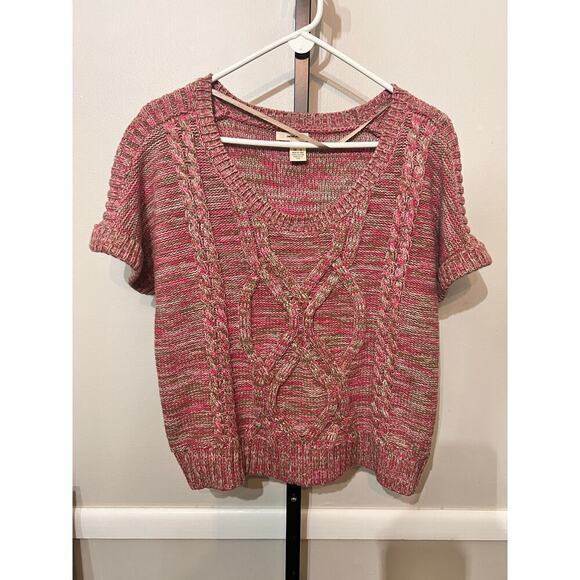 DKNY Jeans Pink Brown White Cable Knit Short Sleeve Scoop Neck Pullover Sweater - Picture 1 of 6